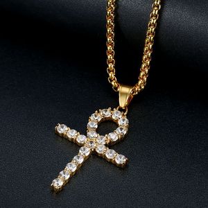 Ankh Pendant <b>Necklace</b> Stainless Steel With Zircon Channel Setting Cross Shape Hip Hop Jewelry Gift For Men Women - Product Image 3