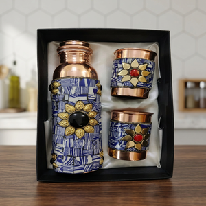 Handcrafted Copper Water Bottle Set Mosaic <b>Drinkware</b> Leak Proof Gift Packaging for Wedding Office Car Use - Indian Home Crafts - Product Image 1
