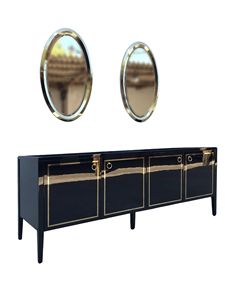 Meuble de salle de bain moderne de luxe noir brillant avec garniture en métal doré et miroir mural ovale pour hôtel, appartement, villa - Product Image 3