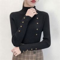Pulls en tricot fins pour femmes K105, tricotés, doux, élastiques, couleur unie, col roulé, manches longues, boutons