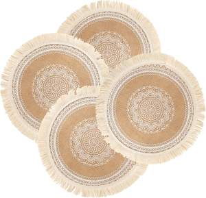 Napperon en toile de jute naturelle bohème 15 "napperons ronds en jute à bord frangé pour table à manger décorative - Product Image 1