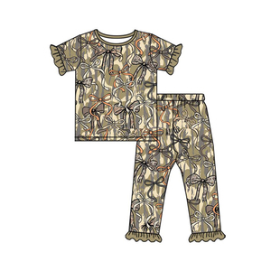GSPO2264 CUSTOM Little Active Girl brown camo <b>bows</b> Print Outfits Kids Wholesale short Sleeve Set Girl Child - Product Image 1