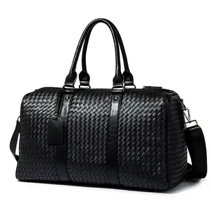 时尚行李包编织PU皮革黑色旅行行李袋适合男女旅行包