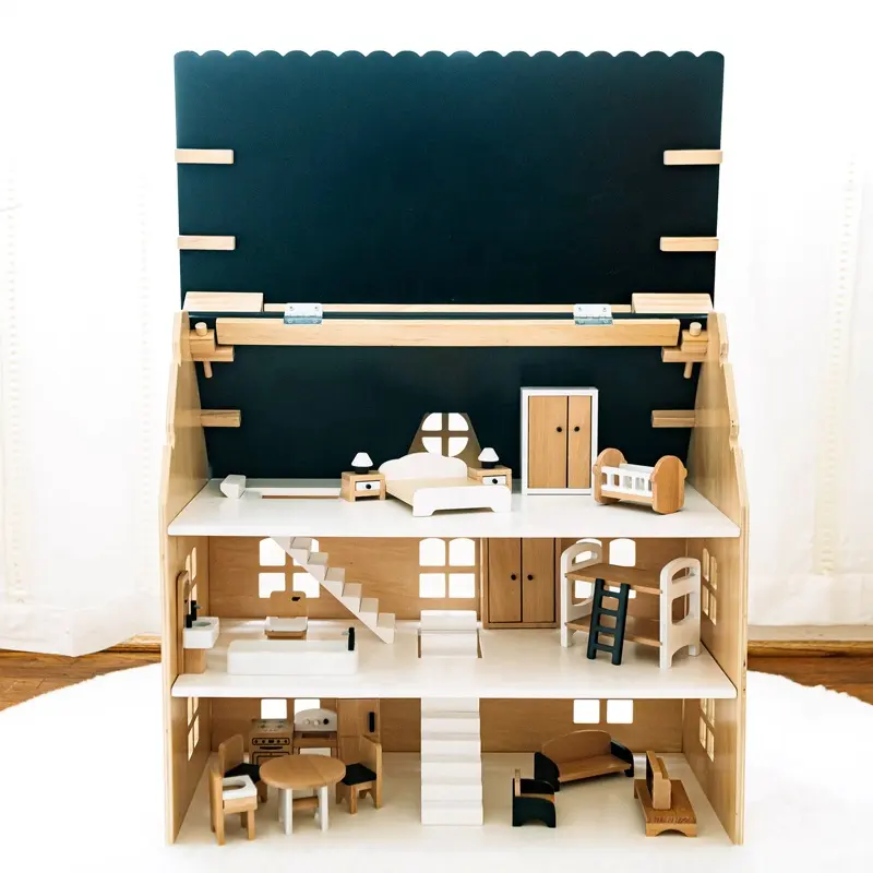 Kids Pretend Role Play Big Villa Furniture Wooden Doll House For Girls