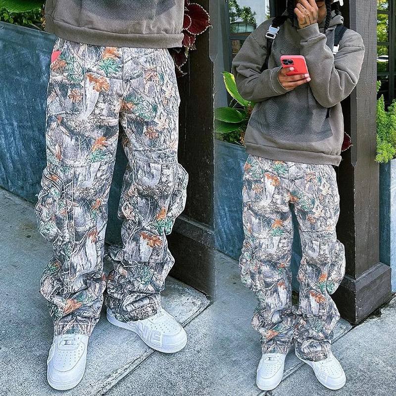 Customized High Quality Cotton Hunting Real Oversize Tree Camo Stacked Cargo Pants for Men