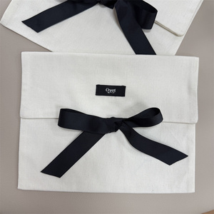 Custom Logo Woven-label <b>White</b> Cotton <b>Envelope</b> Pouch Travel Cosmetic Make up Flap Cover Pouch Gift Bags with Bow - Product Image 5