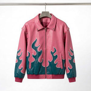 Blouson Bomber en Cuir pour Homme Dumela, Imprimé Flamme, Style Moto, Col Rabattu, Fermeture Éclair, Coupe Classique Automne - Product Image 1
