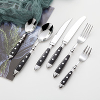 Ensemble de couverts en acier inoxydable 430, 6 pièces, noir, manche triple riveté, fourchette, couteau, cuillère, logo personnalisé, vente en gros directe d'usine