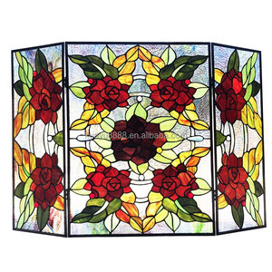 Church Stained Glass Fireplace <b>Screen</b> 3 Panels Red Rose Pattern European Style Decorative Glass Living Room Freestanding - Product Image 5