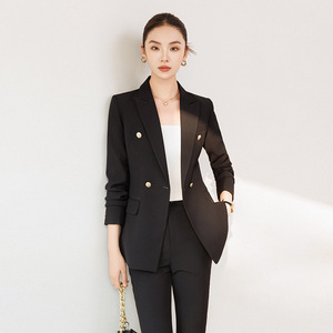 Women's Black Suit <b>Set</b> Full Sleeve Polyester Worsted Anti-Wrinkle <b>Office</b> Lady Spring Workwear - Product Image 1
