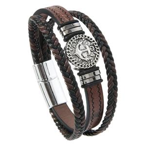 Vintage Men's Jewelry Multi-layer Navy Blue Anchor <b>Leather</b> <b>Bracelet</b> Handmade Knitting Bangles - Product Image 4