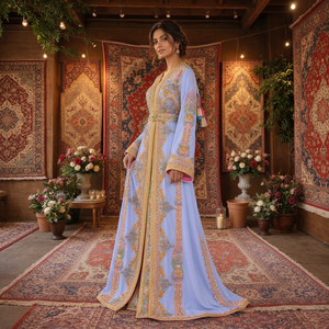 Robe longue en velours prune respirant Mishkat Couture, kaftan marocain lavande, broderie artisanale complexe, pour femmes musulmanes raffinées - Product Image 1