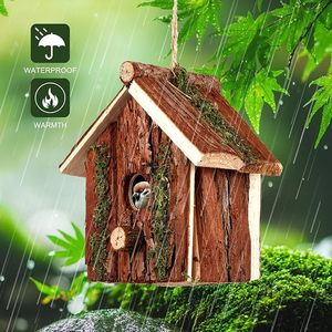 Casa per gli uccelli <span class=keywords><strong>in</strong></span> <span class=keywords><strong>legno</strong></span> rurale con caldo Design appeso impermeabile decorato con muschio e corteccia di albero naturale finitura modello solido - Product Image 3