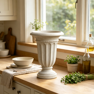 Urne-jardinière classique à piédestal cannelé vertical, en résine blanc cassé texturée, style trophée, faite et peinte à la main, ornement de jardin vintage <span class=keywords><strong>romain</strong></span> - Product Image 4