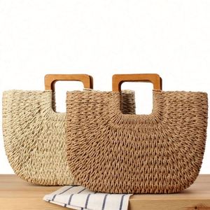 Wholesale New Wooden Handle Handmade Straw <b>Bag</b> Summer <b>Beach</b> <b>Large</b> Capacity Paper Straw <b>Bag</b> - Product Image 1