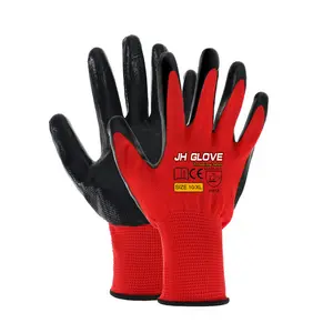 Китайская фабрика, оптовая продажа, красные полиэфирные нейлоновые перчатки с черным латексным покрытием, защитные перчатки en388, рабочие перчатки