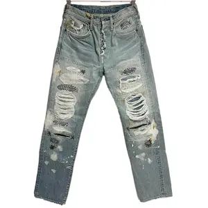 Hochwertige individuelle Herrenwaschungen beschädigte gerader Bein Skinny Jeans Streetwear stilvolle Herren Slim Fit bestickte Spray Jeans