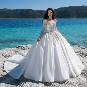 Robe de mariée Gt26022, robe de princesse, jupe en satin, col en V avec traîne, Jancember - Product Image 1