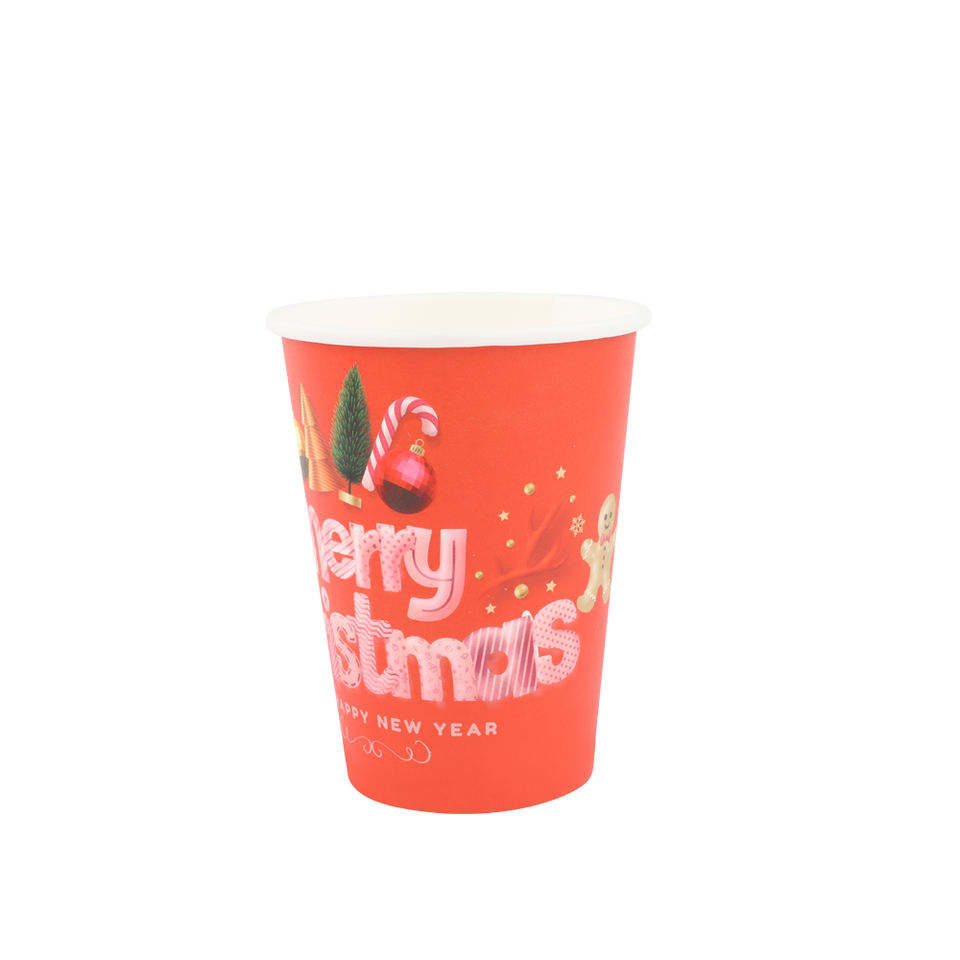 Custom biodegradable red takeaway juice coffee packaging Christmas festival party single wall paper cups with lid