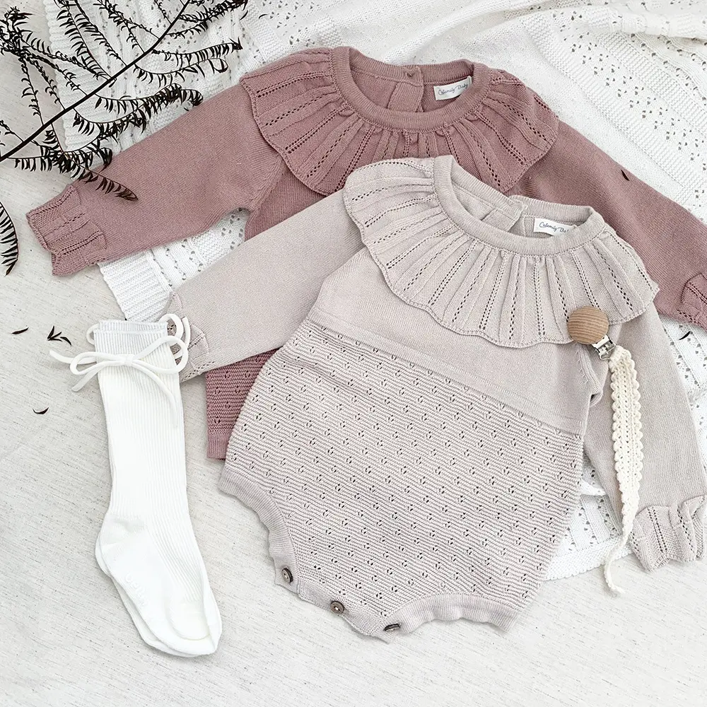 Wholesale custom Baby knitted jumpsuit ruffle collar clothes baby girl thin spring woolen long-sleeved jumpsuit baby rompers