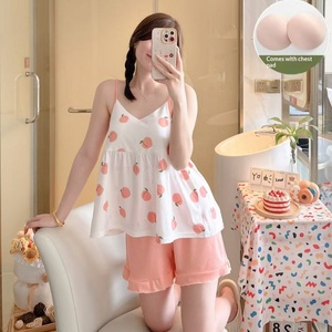 Pajamas Women's Summer Sling Shorts Chest Pad Cute Peach Milk Silk Polyester Cool Loose Lovely Foreign Trade Cross-border Suit - Product Image 1