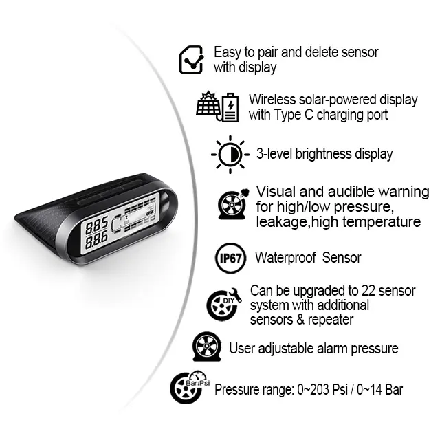 Offerta di fabbrica di energia solare Display Wireless pressione pneumatici Monitor per camion Tpms sistema 12 pneumatici sensore di pressione dei pneumatici esterni