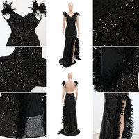 Robes de soirée de luxe Y900214 pour femmes, robes de soirée sans manches, col en V, dos nu, irrégulières, à plumes et sequins, robe de bal formelle