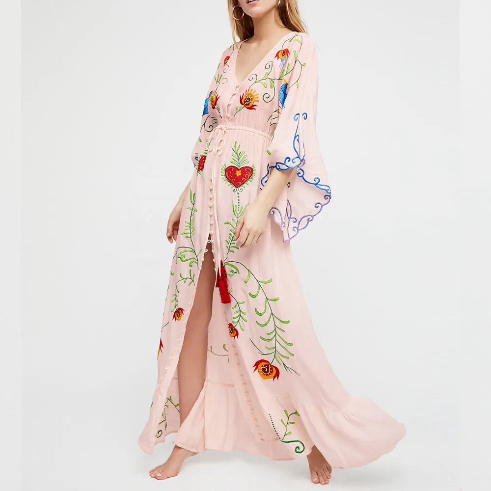 boutique clothing women's Wholesale 2022 long maxi Floral cotton boho Embroidered dress lady elegant casual dresses for women