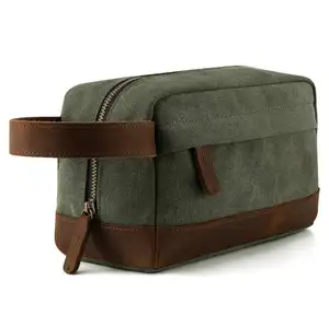 Wholesale Adult Mens Green Canvas Cosmetic Toiletry Bag Custom Washed Canvas Travel Toilet Bag