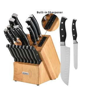 Fabricant 19 pièces Premium couteaux de chef ménage cisailles bloc de bois de caoutchouc ensemble de couteaux de cuisine avec aiguiseur intégré