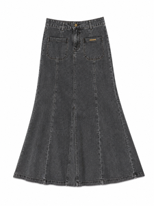 <span class=keywords><strong>Falda</strong></span> Maxi Formal/Casual de Mezclilla con Paneles Vintage en Negro y Gris para Mujer - Product Image 1