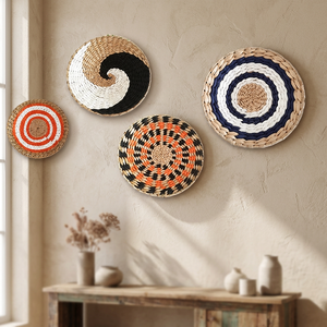 Cestas colgantes de pared redondas bohemias tejidas a mano, juego de 4, diseño geométrico abstracto, decoración del hogar, tapiz circular, arte para sala de estar - Product Image 2