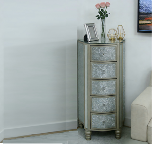 Cómoda Moderna Hecha a Mano con 5 Cajones, Adornada con Diamantes Triturados y Vidrio Craquelado, Mueble para el Hogar, Hotel, Apartamento, Entrada, Sala de Estar - Product Image 1