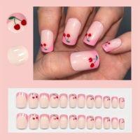 Faux ongles à presser carrés moyens, rose bonbon cerise française, brillants, tendance, réutilisables, en ABS, pour l'été, avec colle