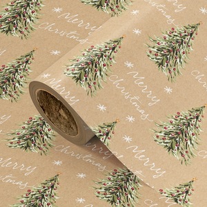 Rollo de Papel Kraft Navideño de 80g con Diseño de Árboles de Pino y Bayas, Papel de Regalo Ecológico - Product Image 1