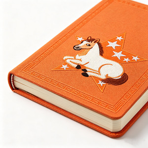 Agenda en tissu orange à couverture rigide avec motif cheval et étoile brodé, reliure cousue, idéal pour offrir - Product Image 3