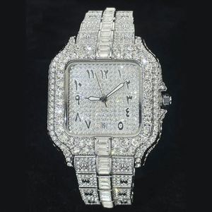 Luxury Men's Stainless Steel Square <b>Case</b> Quartz <b>Watch</b> with Custom Arabic Dial Pointer Display Iced Zircon - Product Image 1