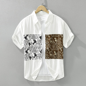 Chemises pour hommes à motif ethnique aztèque, manches courtes, décontractées, respirantes, surchemises en pur coton, patchwork, vente en gros, OEM, ODM - Product Image 1