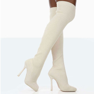 Bottes longues personnalisées Xinzirain pour femmes, bout carré, tricotées, extensibles, talon fin, bottes chaussettes hautes jusqu'à la cuisse - Product Image 1