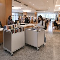Chariot de transport de livres mobile personnalisé avec poignée en acier inoxydable, plateau en aluminium, capacité de 80 livres, roulettes verrouillables pour bibliothèque scolaire