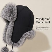 Chapeau de trappeur en fausse fourrure noir et gris avec logo personnalisé, pompons suspendus, cache-oreilles d'hiver, casquette aviateur Ushanka, casquette bomber