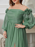 Robe de soirée maxi élégante à fente latérale, taille plus, épaules dénudées, en mousseline de soie, couleur unie, simple, à fleurs en relief, manches lanternes, ourlet plissé