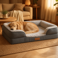 Canapé-lit pour chien et chat FANCIE en lin gris foncé, doublure en fourrure de lapin, trois traversins, lavable en machine, antidérapant, étiquette en cuir, OEM