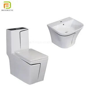 Set toilet kamar kecil, gaya Modern mudah dibersihkan garis hitam putih desain dinding menggantung wastafel keramik toilet