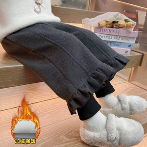 Girls Fleece Lined Pants Autumn Winter Wide Leg Knitted Cotton Solid Color Childrens Pants For Babies - Product Image 1