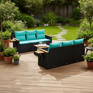 Set Divano da Esterno in Polyrattan Nero con Cuscini, 7 Posti, Stile Contemporaneo - Product Image 2
