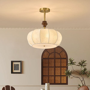 French Vintage Style All Copper Fabric Chandelier Round E26 LED <b>Light</b> Bedroom Dining Room <b>Ceiling</b> Lamp - Product Image 1