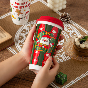 Wholesale Christmas <b>Ceramic</b> Mug Coffee Travel Mug Christmas Tumbler <b>Cup</b> with Silicone Lid - Product Image 5