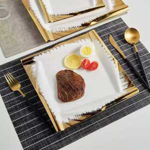 Ensemble d'assiettes carrées <span class=keywords><strong>de</strong></span> luxe en céramique dorée, <span class=keywords><strong>vaisselle</strong></span> en porcelaine - Product Image 2