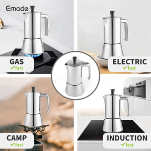 Emode-Machine à espresso en acier inoxydable, 4/6/9 tasses, pot à moka épaissi en acier inoxydable 304 avec poignée en acier - Product Image 6